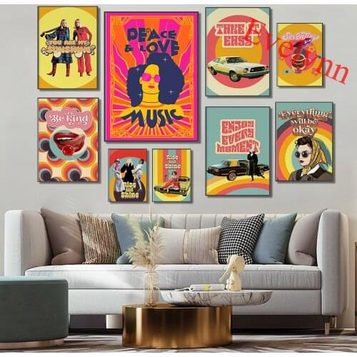 70s Rainbow Fashion Girl Poster,Floral Pattern,Everything Will Be Okay,Rise And Shine,Sports Car Home Decor Canvas Wall Prints