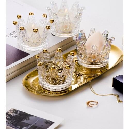 Nordic Home And Wedding Decoration Accessories Crown Glass Candle Holder For Tealight Jewelry Ring Holder Storage Rack Bougeoir
