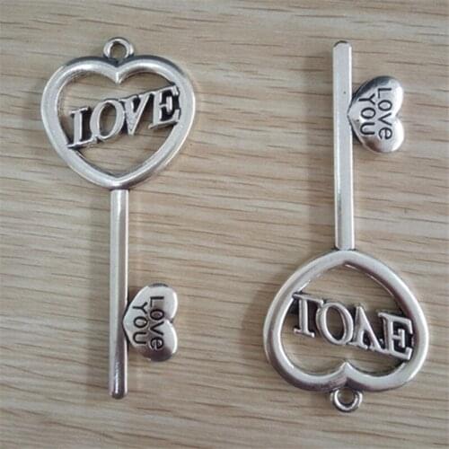 RONGQING 10pcs/lot Hollw Letter LOVE Key Charms 35x78mm LOVE YOU Heart Key Pendant for Necklace Hand Made Jewelry Accessories