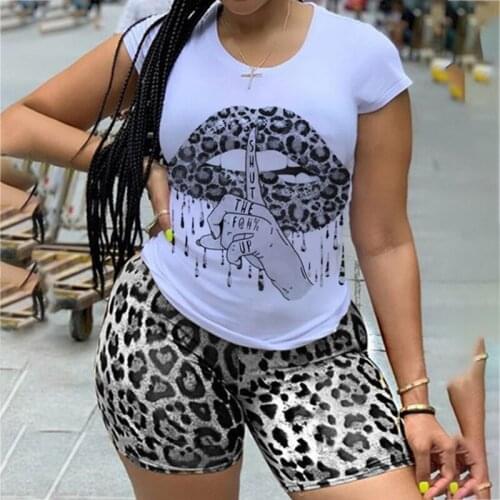 Plus Size Summer Leopard Lips Graphic Harajuku Skinny Womens Sets Y2K Clothes Short Sleeve Tee Tops and Leggings 5XL Sweatsuits