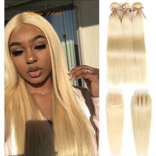 Rebecca 613 Blonde Bundles With Closure Peruvian Remy Straight Human Hair 3 Bundles With Closure Free Shipping