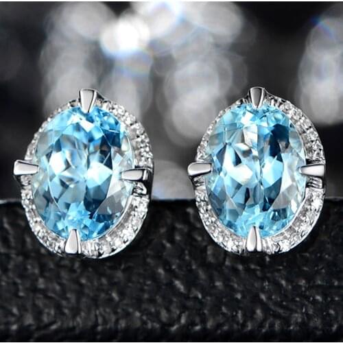 Luxury Female Aqua Blue Crystal Earrings Simple Silver Color Oval Stud Earrings Charm Zircon Stone Wedding Earrings For Women