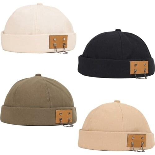 Round Top Cap Brimless Cotton Unisex Adjustable Hip Hop Beanie Hats with Cloth Sticker & Leather Adjusting Strip