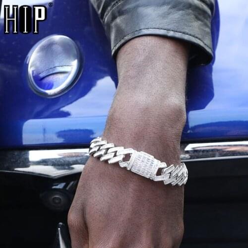 Hip Hop 15MM Baguette Bling Box Buckle Iced Out CZ Copper Setting AAA+ Cubic Zirconia Stones Prong Bracelet For Men Jewelry