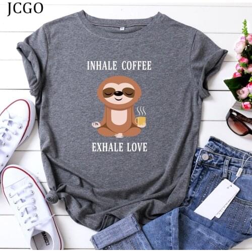JCGO Women T-shirt Summer Short Sleeve Cotton Plus Size S-5XL Cute Lazy Coffee Sloth Print Casual O Neck Female Tshirt Tees Tops