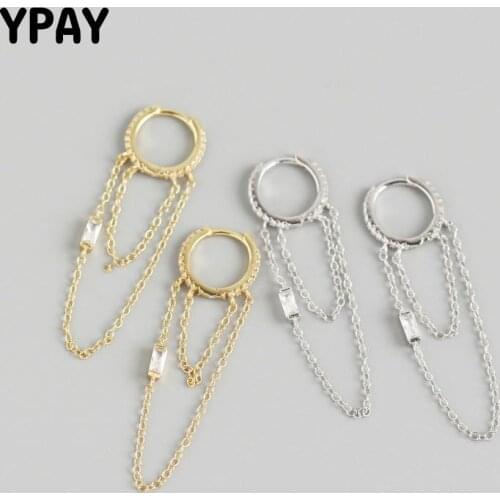 YPAY 100% Genuine 925 Sterling Silver Square Zircon Earrings for Women Europe INS Long Tassel Chain Pendant Hoop Earring YME731