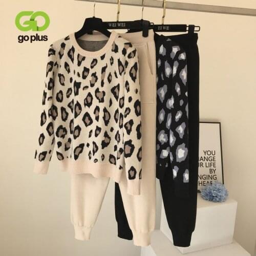 GOPLUS Leopard Pants Suits 2021 Women Fall 2 Pieces Pant Set Khaki Knitted Pullovers Matching Sets Outfits conjuntos de mujer