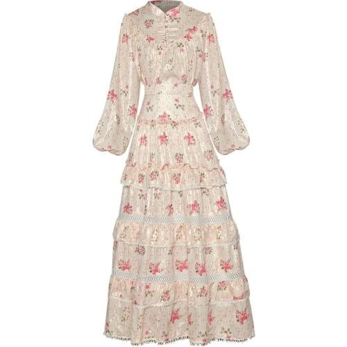 Autumn Fashion Women Clothing Set Two Pieces Ladies Outfits Print Long Sleeve Shirt + Crochet Insert Floor Length Maxi Skirt