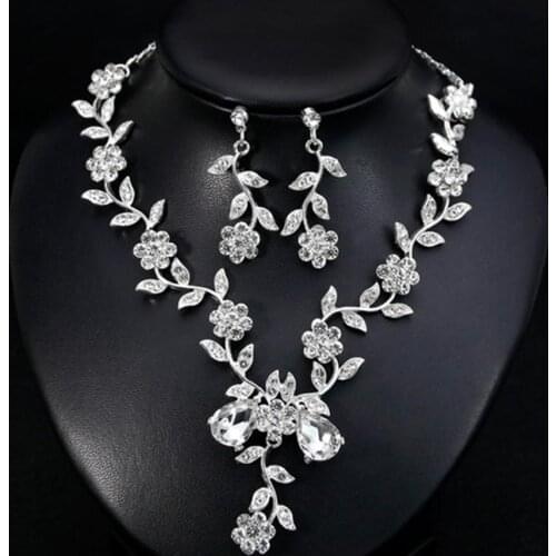 Women Rhinestone Leaves Flower Necklace Stud Earrings Wedding Bridal Jewelry Set