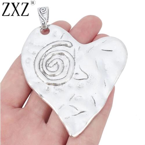 ZXZ 2pcs Tibetan Silver Large Spiral Swirl Hammered Heart Charms Pendants for Necklace Jewelry Making 75x67mm