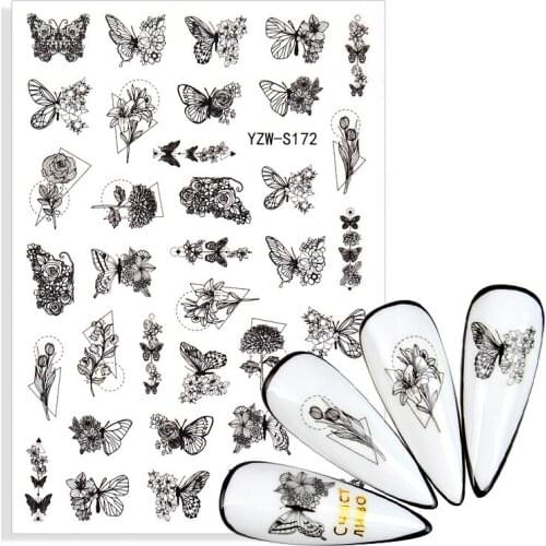 1pcs 5D Black White Butterfly Nail Sticker Rose Flower Fairy Design Adhesive Slider Nails Art Manicure Decoration Tip