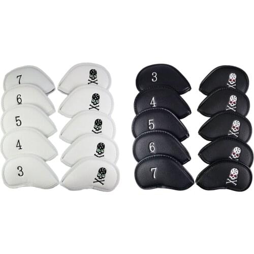 10 Pieces Universal PU Golf Iron Headcover, Club Head Covers, Skull Embroidery Protector Sleeve for Travel Anti-scratch