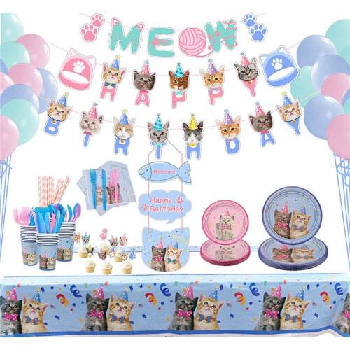 113PCS Cat Party Supplies Disposable Tableware Cat Bowl Cup Napkin Suitable for Cat Birthday Theme Childrens Party Decoration