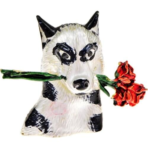 CINDY XIANG Unique Husky Dog Brooches With Rose Flower Enamel Cute Animal Pets Casual Brooch Pins Loves Valentines Day Gift