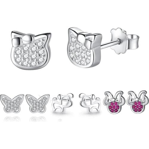 ELESHE Authentic 925 Sterling Silver Stud Earrings Crystal Butterfly Cat Dog Small Earrings for Women Kids Fashion Jewelry Gift