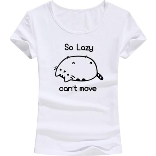 Cat So Lazy Can't Move Print T-Shirt Women New Fashion Short Sleeve T Shirt Funny Pet Animal Tops Tees Female
