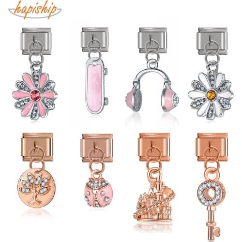 Hapiship Original Daisy Flower Key Beetles Headset Castle Italian Charm Fit 9mm Bracelet Stainless Steel Jewelry Making DJTop22