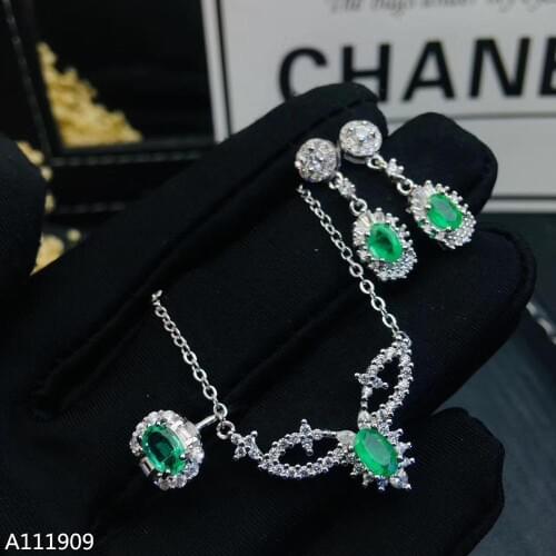 KJJEAXCMY boutique jewelry 925 sterling silver inlaid Natural Emerald Necklace Ring Earring Set Support Test beautiful