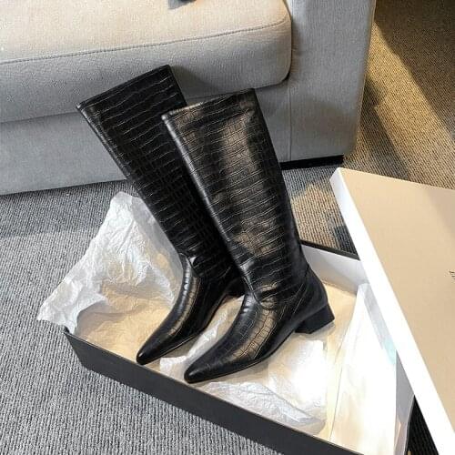 Western Boots Women Knee High Cowboy Boots Fashion Pointed Toe Sewing Shoes Female High Heels Thick Shoes Ladies Winter