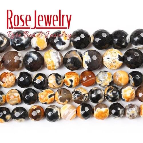 Faceted Yellow Fire Agates Natural Stone Beads Round Loose Spacer Bead For Jewelry Making DIY Bracelet 15'Strand 6/8/10/12 mm