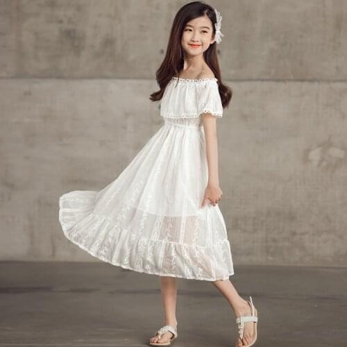 Lace Mid Length Girls Princess Dress Teen Children Shoulderless Summer Dress 2021 New Kids Fashion Clothing Flower Ruffles,#6302