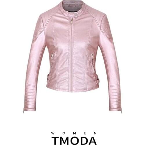 TMODA280 Autumn Winter Women Faux Leather Jackets Coats Lady Pu Motorcycle Shining Pink Zipper Coat Streetwear Biker Outerwear