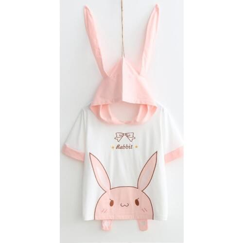 Japanese Style Summer Cute Hoodies Women Rabbit Ears Cartoon Bunny Embroidery Harajuku Kawaii Hoodies Girls Sweatshirt Pullovers