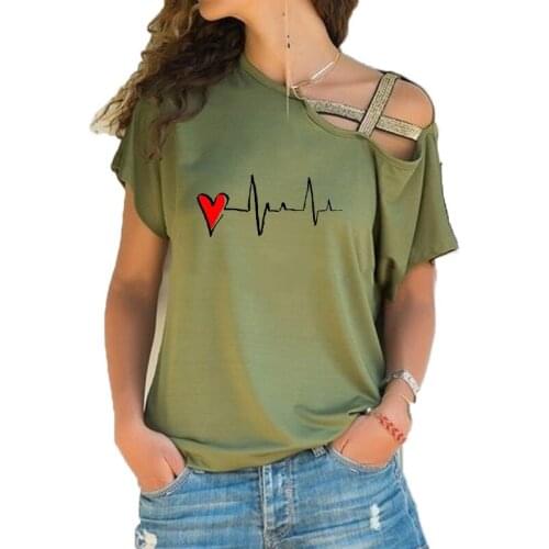 Summer ladies Basic Harajuku heart-shaped print T Shirt Women Short Sleeve T-shirt Irregular Skew Cross Bandage Tee Tops