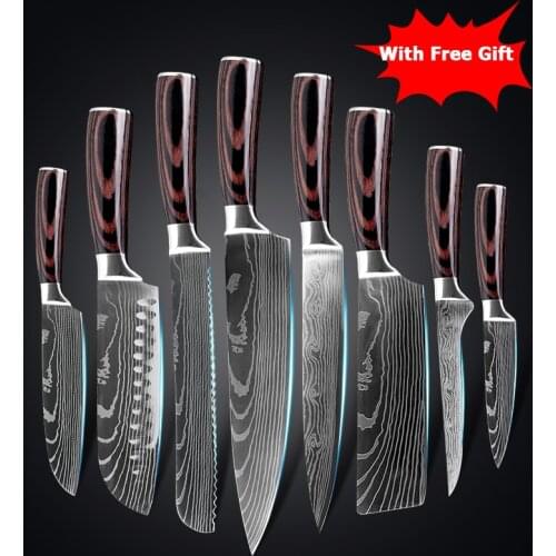 8PCs Kitchen Chef Knives Set High Carbon Stainless Steel Damascus Laser Pattern Tool Sharp Utility santoku Slicing Cleaver knife