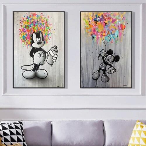 Disney Cartoon Mickey Mouse Graffiti Art Canvas Paintings Poster Print Black White Pictures Wall Art for Bedroom Home Decoration