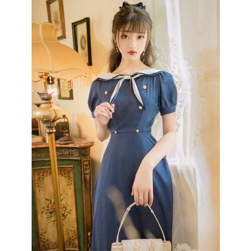 2020 new fashion womens clothing Puff Sleeve Sailor Collar Vintage women dress