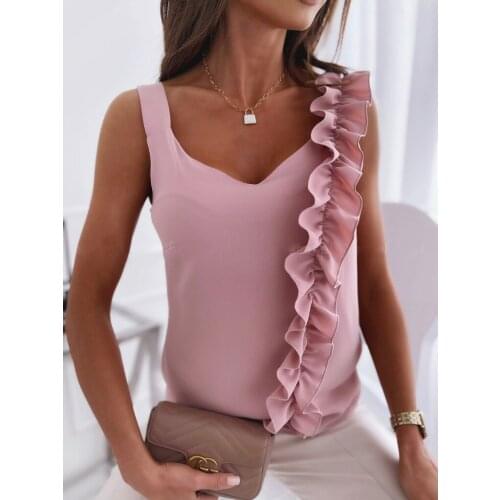 YYCZF New 2021 Summer Sexy Casual Women Shirts Pure Simple Sleeveless V Neck Open Back Ruffle Tops Shirt Black Color Femme Wear