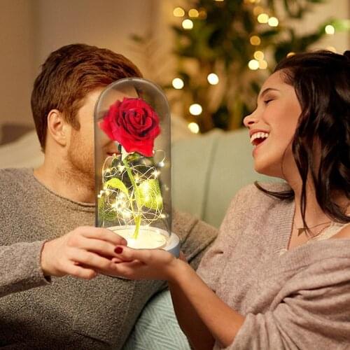 Mothers Day Gift Dropshipping Red/ White/ Black Eternal Rose Flower In Glass Dome with LED Light Wooden Base Valentine Gift