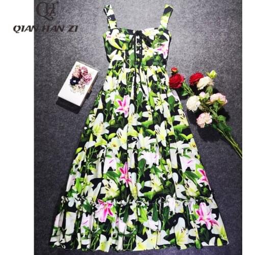 Qian Han Zi newest 2019 Designer Fashion Summer long Dress Womens Spaghetti Strap Lily Print Slim Sexy Elegant Maxi Dress
