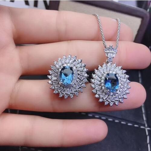 Luxurious big round Natural blue topaz gem jewelry sets natural gemstone ring Pendant Earrings 925 silver women party jewelry