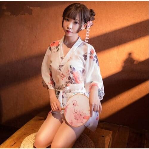 Japanese Sexy Bathrobe Short Print Chiffon Kimono Mujer Nightgown Woman Uniform Outer Garment