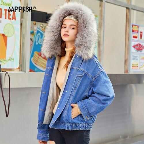 Oversized Faux Fur Lining Hooded Denim Womens Jacket Thick Warm Velvet Winter Coat Female Vintage Loose Pocket Parkas Outwear