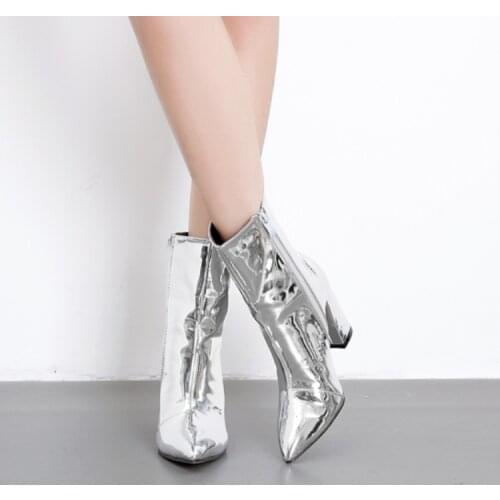 Fashion Gold Silver Patent Leather Women Ankle Boots Pointed Toe Square Heel Boots Stiletto Women Pumps Chelsea Boots3d65