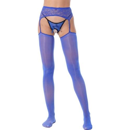 Women Glossy Hollow Out Garters Stocking Crotchless Pantyhose Underwear Lace Patchwork Elastic Waistband Cutout Leggings