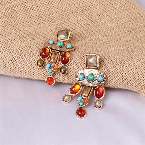 JURAN Retro Womens Indian Earrings Ethnic Gold Beads Resin Stone Wedding Earrings Jewelry Bijoux Accessories