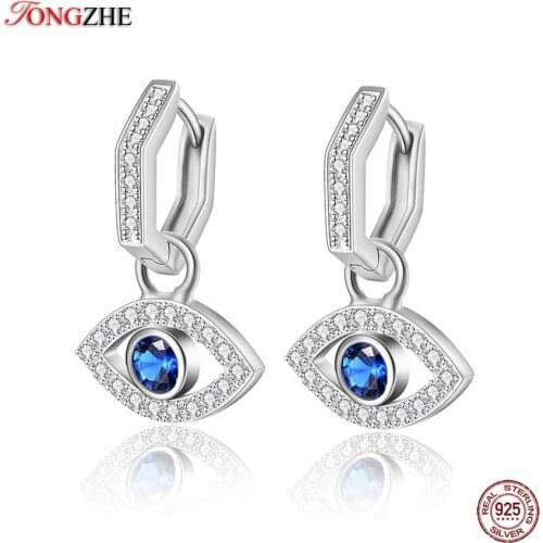 TONGZHE 925 Sterling Silver Luxury Crystal Drop Earrings for Women Jewelry Hiphop Fashion Blue Stone Evil Eye Statement Earrings