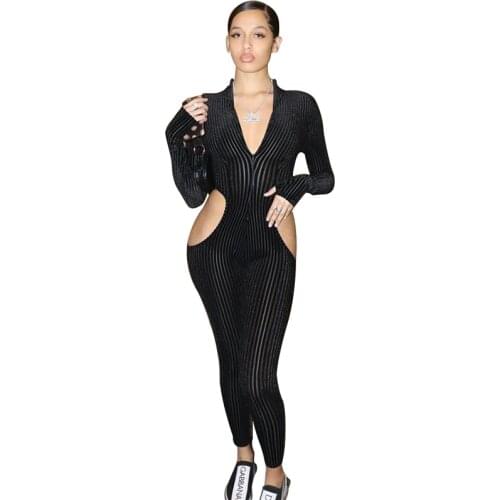 2021 Knitted Jumpsuits Women Solid Slim Hollow Out Streetwear Overall Long Sleeve Turtleneck Body-Shaping Female Clubwear