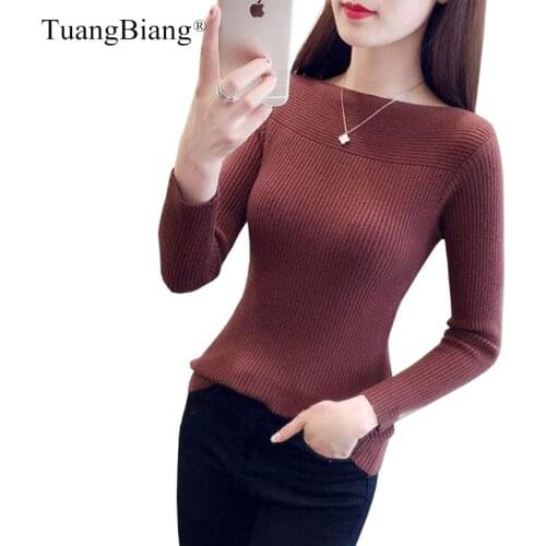 Winter slash neck pullover Ladies Basic Jumper Sweater knit High elasticity Long Sleeve Sweater feminino Solid color Tops 2020