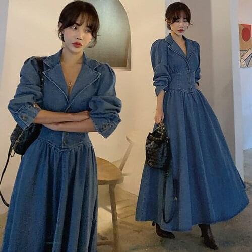 2020 Vintage Denim Dress Puff Sleeve Womens Slim Suit Collar Long Dress For Office Lady High Street Runway Spring Vestido f2844