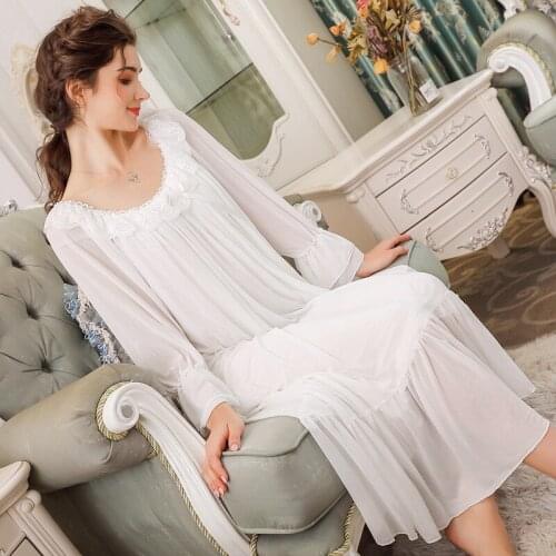 2020 Autumn Women Sexy Long Sleeve Modal Nightgown Lace Sweet Princess Nightdress Retro Elegant Loose Nightshirt Sleepwear Dress