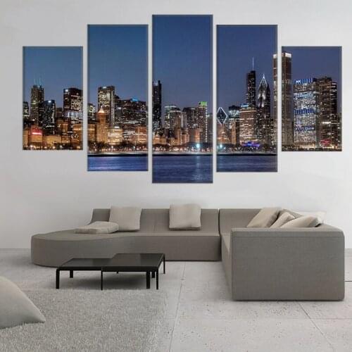 Canvas Wall Art Pictures HD Prints Living Room Decor 5 Pieces Chicago River Cityscape Paintings Framework City Nightscape Poster