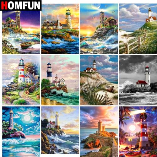 HOMFUN DIY 5D Diamond Painting "lighthouse scenery" Full Diamond Embroidery Sale Picture Of Rhinestones For Festival Gifts