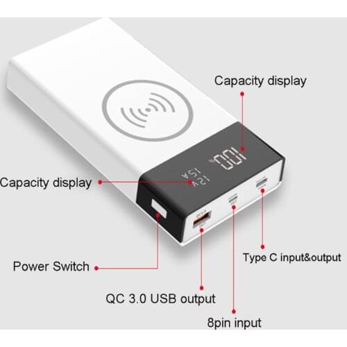 6x 18650 Battery DIY Qi Wireless Charger QC3.0 USB Type C PD Fast Charge Power Bank Box Case for Mobile Phone Tablet