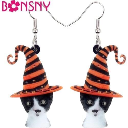 Bonsny Acrylic Halloween Novelty Hat Cat Earrings Drop Dangle New Fashion Animal Jewelry For Women Girls Pet Lovers Gift Brincos