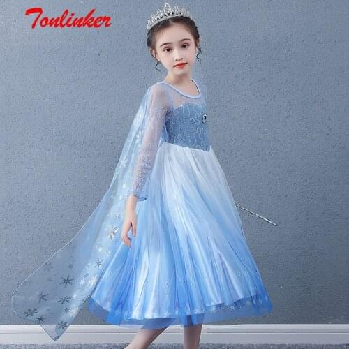 Girls New Long-Sleeved Lace Stitching Cartoon Movie Princess Dress Snow Queen Dressing Up With Cape Girl Carnival Fancy Party